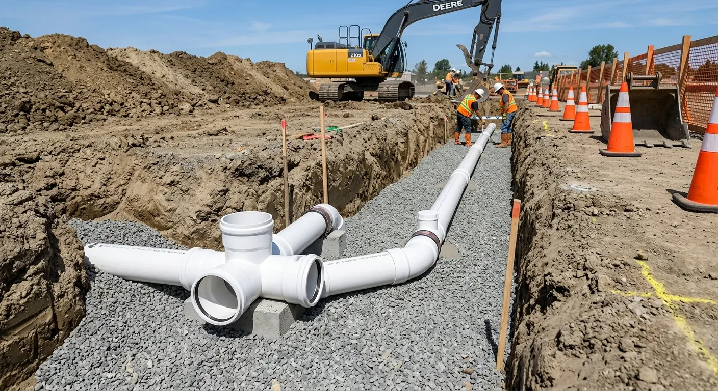 New PVC sewer pipe installation in open trench for Sewer Backup in Crookston