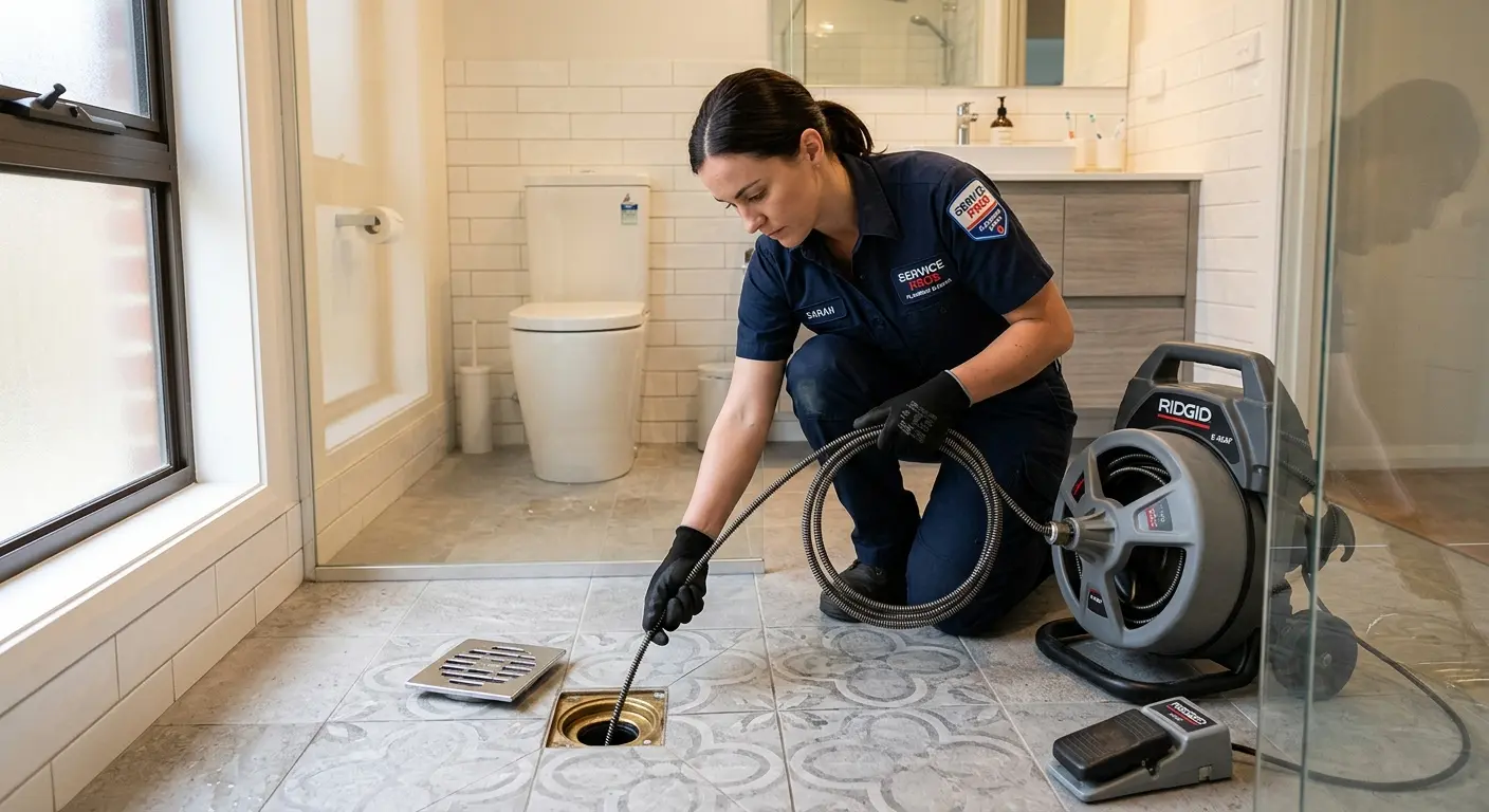 Technician clearing a bathroom floor drain for Drain Cleaning in Crookston